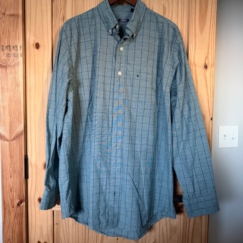 IZOD Mens XLT Long Sleeve Button Down Shirt Blue Grey Windowpane Plaid 45V3010